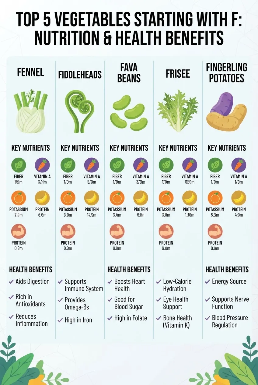 a multi-section comparison chart of top 5 vegetables starting with F, each section with icons representing key nutrients (fiber, vitamins