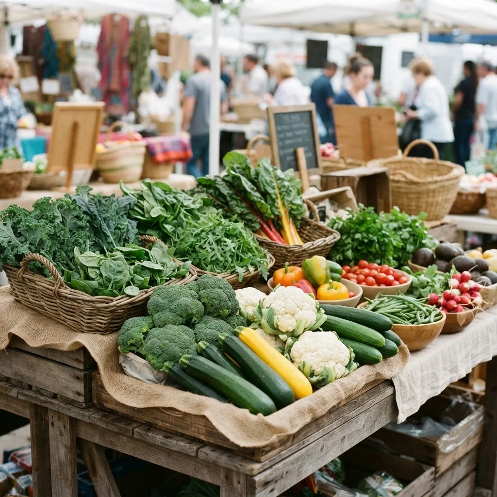 featuring a fresh assortment of low-carb vegetables such as leafy greens, broccoli, zucchini, cauliflower, and cucumbers in a market