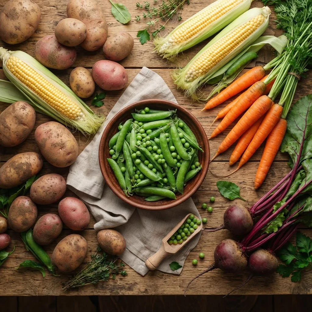 a rustic wooden table displaying a variety of high-carb vegetables including potatoes, corn, peas, carrots, and beets, natural daylight
