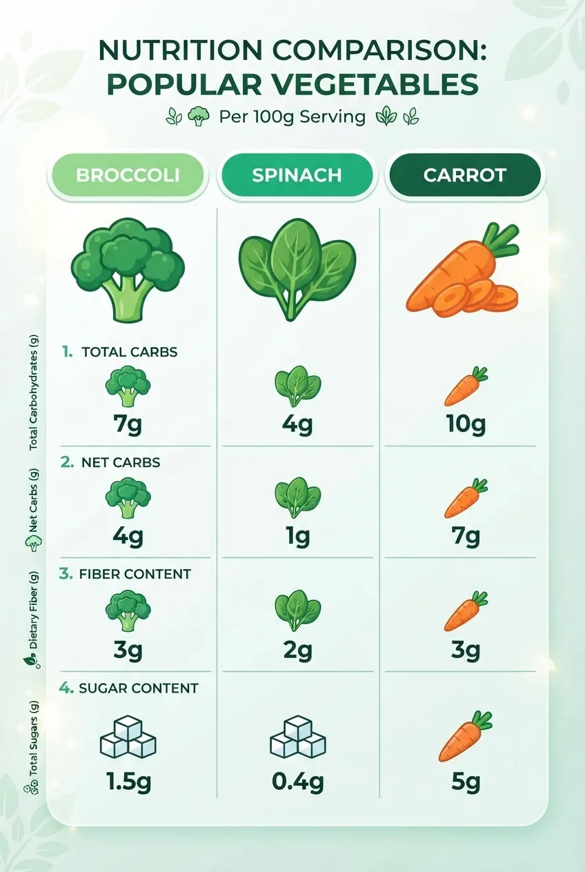 shows a three-column comparison chart of popular vegetables, each column displaying vegetable name, total carbs per 100g, net carbs, fiber