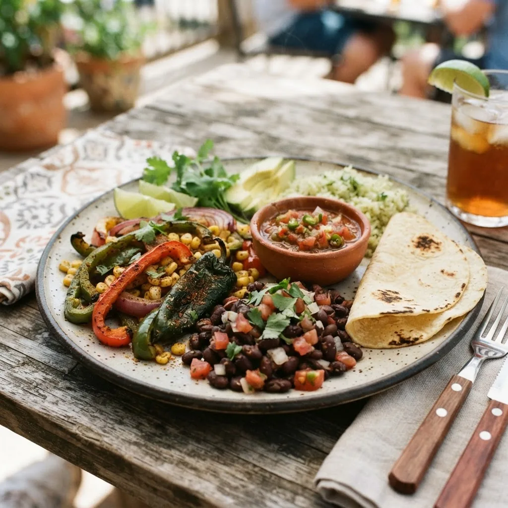 Close-up photo of a Tex-Mex vegetarian lunch plate with grilled peppers, corn, black beans, and a spicy salsa on the side, rustic