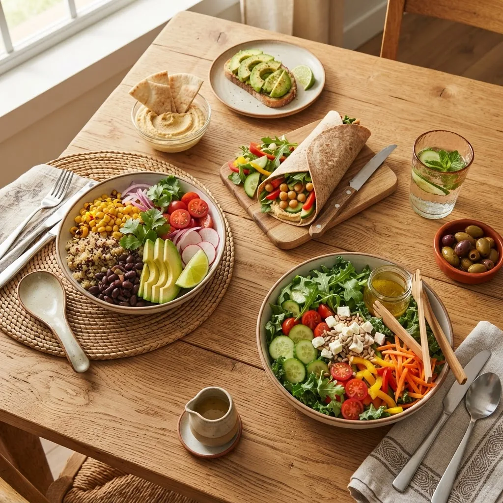 A vibrant overhead shot of a wooden table featuring a colorful spread of vegetarian lunch dishes including a quinoa bowl with avocado and
