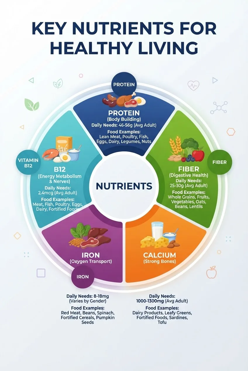 is structured as a circle divided into segments representing key nutrients (protein, iron, vitamin B12, calcium, fiber), each segment