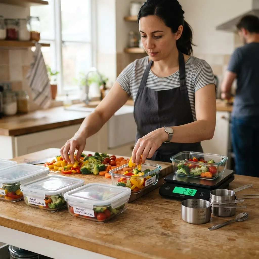 a home cook prepping and portioning vegetables into clear meal-storage containers on a wooden countertop with labeled measuring cups, a