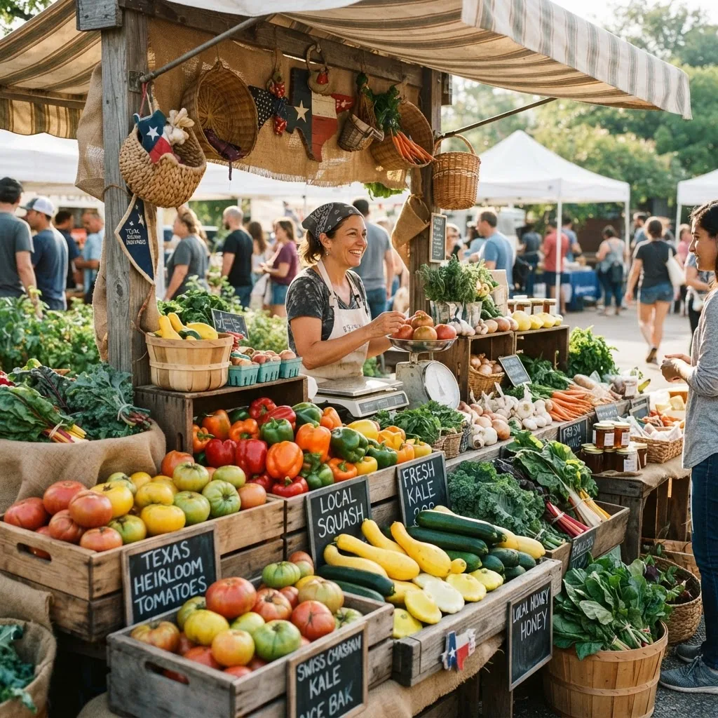 vibrant farmer’s market stall display in Texas showcasing seasonal vegetables such as tomatoes, squash, peppers, and leafy greens with