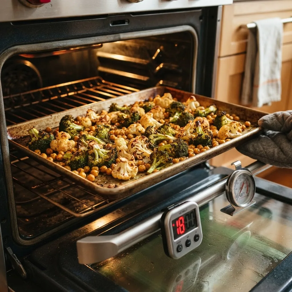 a 13x18 inch sheet pan in an oven with roasted broccoli, cauliflower, and chickpeas, golden edges visible; include a kitchen timer showing