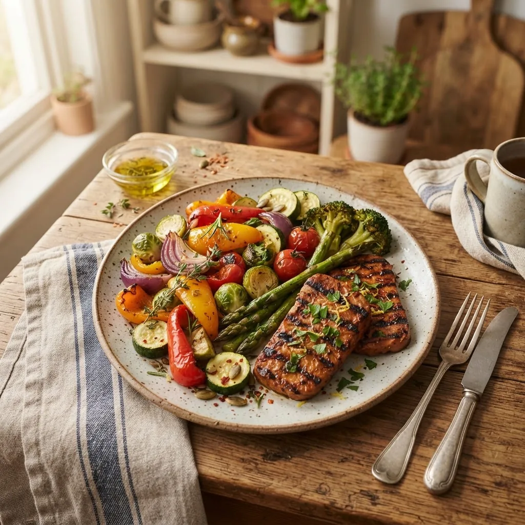 High-resolution image of a colorful, freshly prepared vegetable-heavy dinner plate featuring roasted mixed vegetables, grilled plant-based