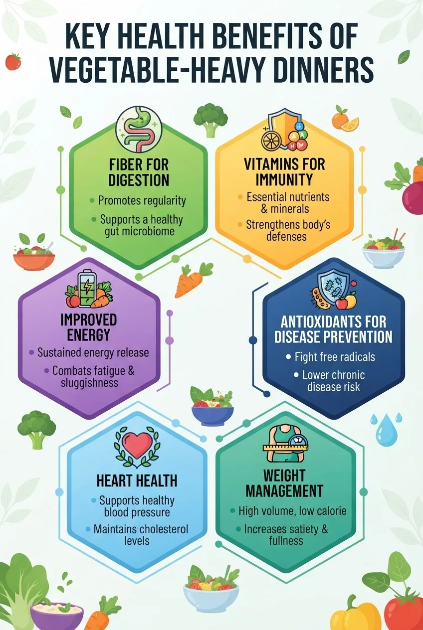 An infographic illustrating 6 key health benefits of vegetable-heavy dinners arranged in hexagonal sections: fiber for digestion, vitamins