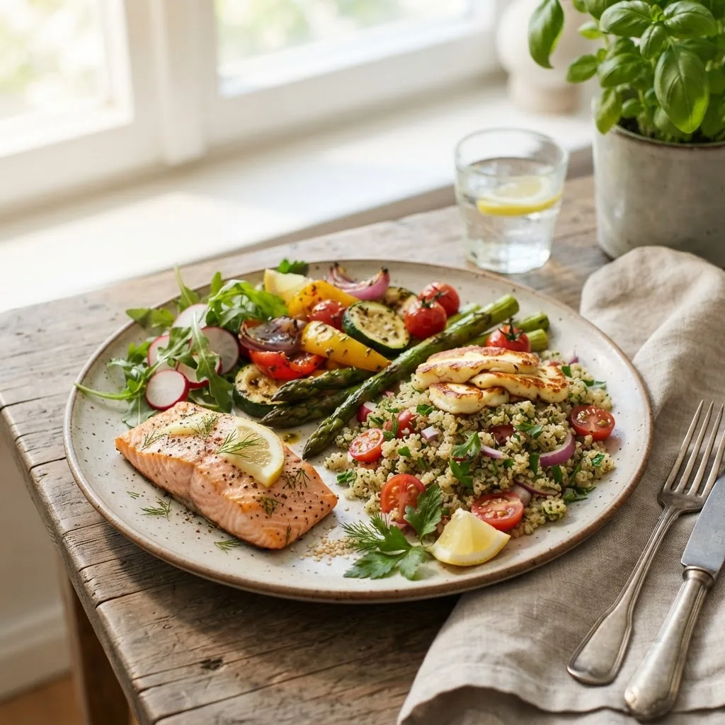 vibrant, well-balanced meal plated with low calorie ingredients such as grilled vegetables, quinoa, and a small portion of lean protein,