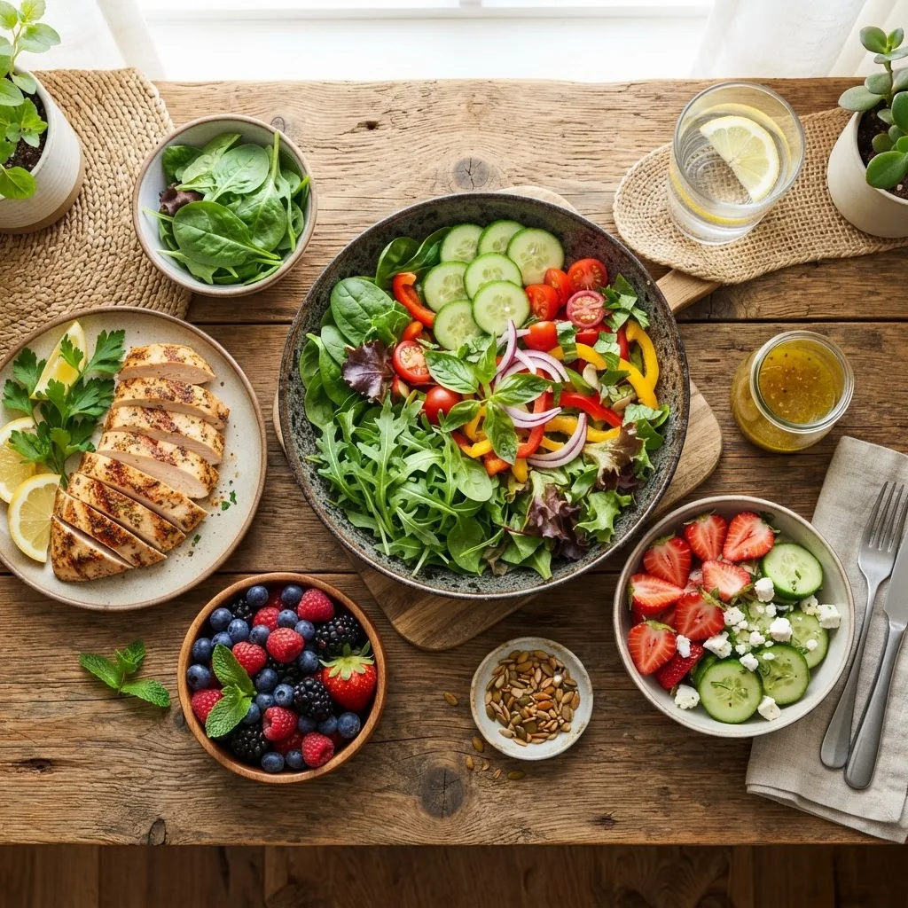 a variety of fresh, low calorie foods, including leafy greens, berries, lean chicken breast, and sliced cucumbers, presented on a rustic