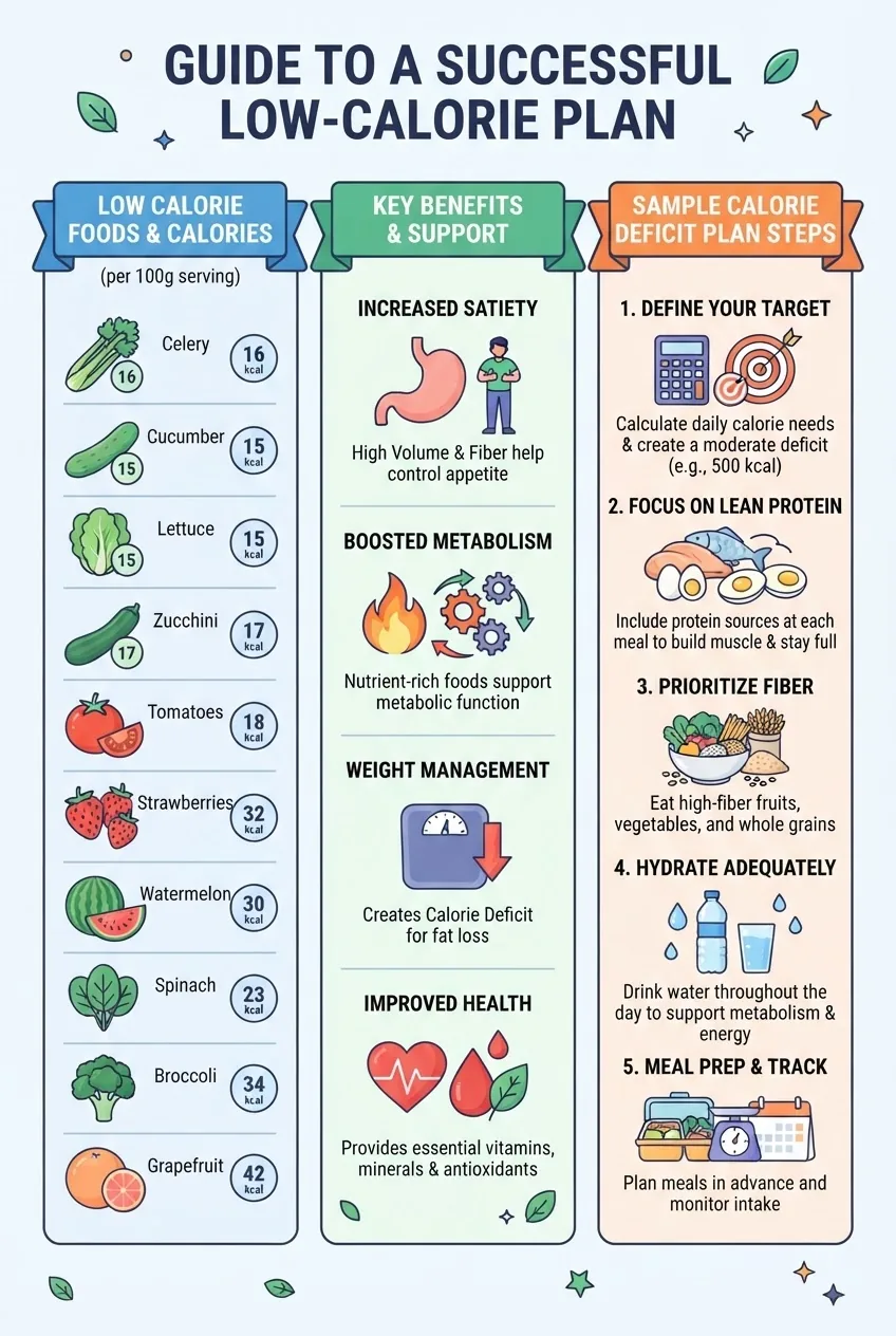 with three columns illustrating: 1) examples of very low calorie foods with calorie counts, 2) benefits like satiety and metabolic support,