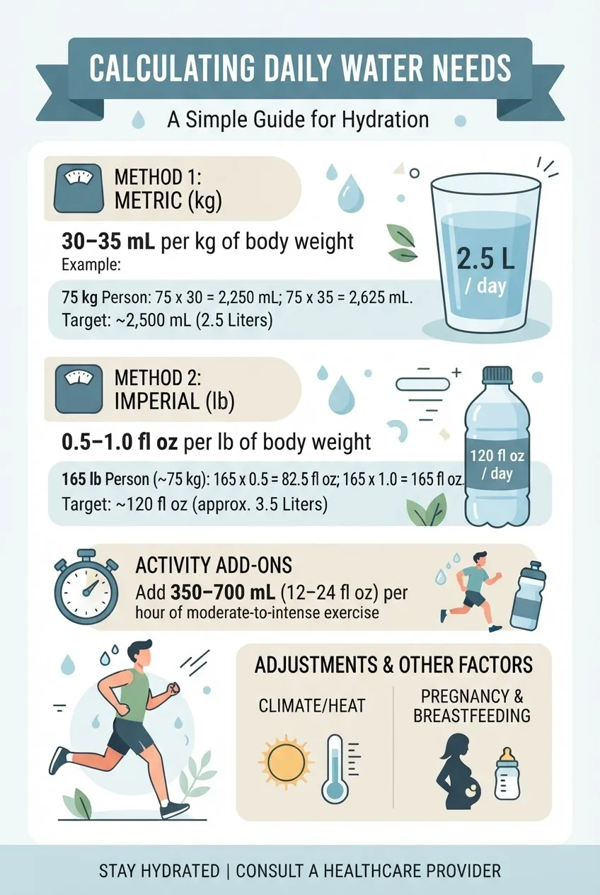 visually explains how to calculate daily water needs: include the 30–35 mL per kg formula, per-pound shortcut (0.5–1.0 fl oz per lb),