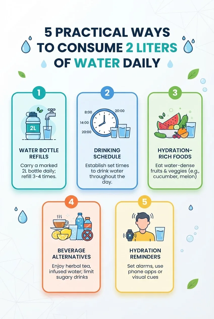 illustrating 5 practical ways to consume 2 liters of water daily: water bottle refills, drinking schedules, incorporating hydration-rich