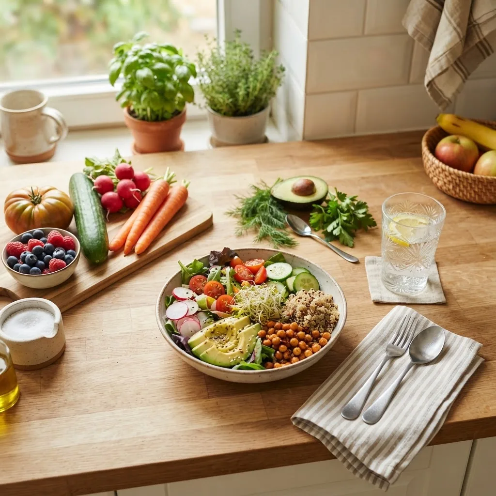 well-lit kitchen scene with fresh fruit, vegetables, and a glass of water on a clean countertop, shot from above, illustrating healthy