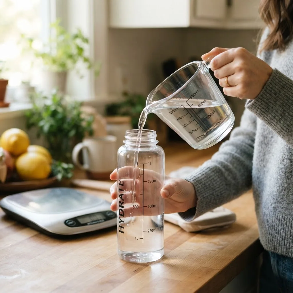 a person measuring water into a 1-liter bottle with visible measurement marks and a digital scale in the background, emphasis on hands and