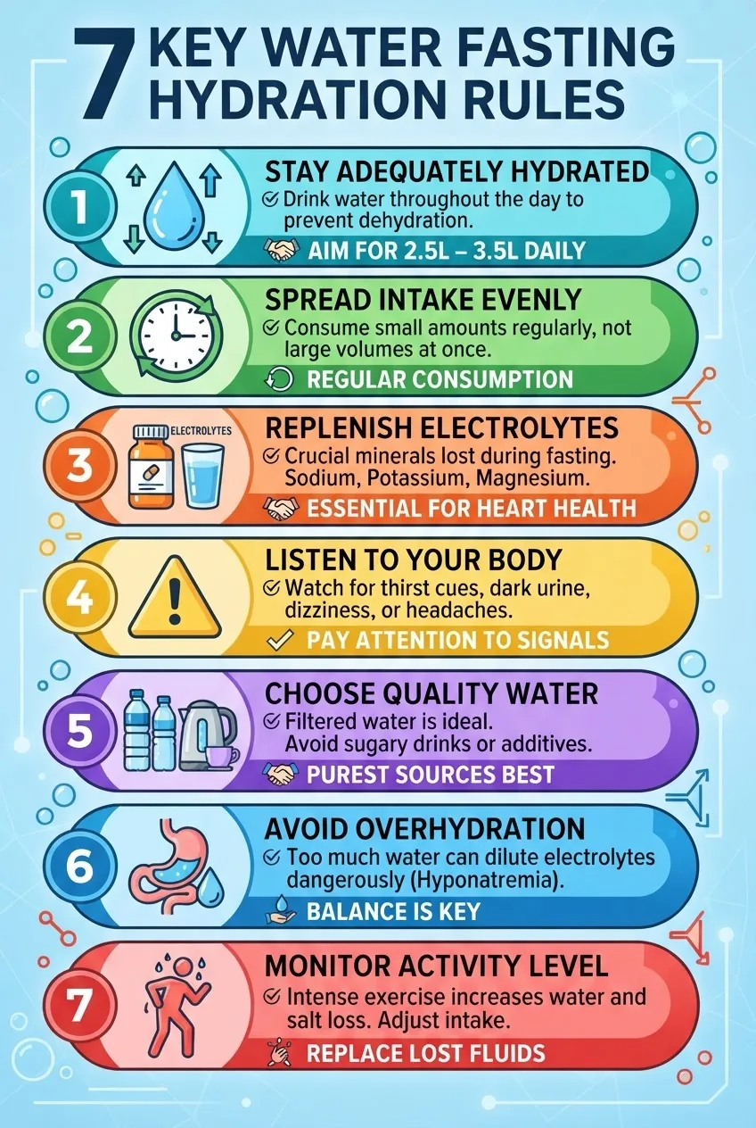 structured as a numbered list of 7 key water fasting hydration rules against a light blue background; each rule accompanied by an