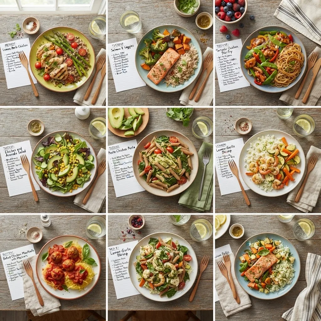 Overhead shot of a wooden table with colorful healthy family meals plated for a week: grilled chicken, steamed veggies, mixed salads, whole