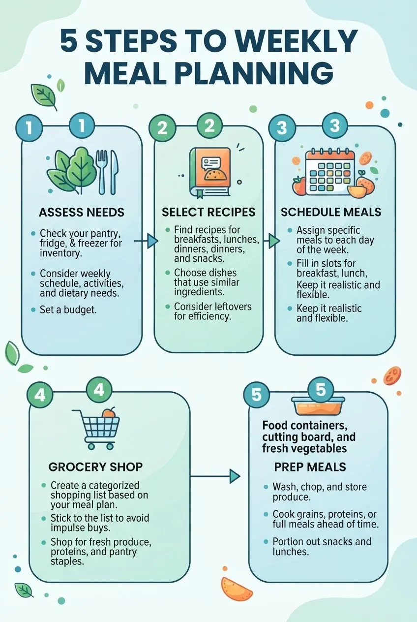 A visually clear infographic outlining 5 steps of weekly meal planning: Assess needs, Select recipes, Schedule meals, Grocery shop, and