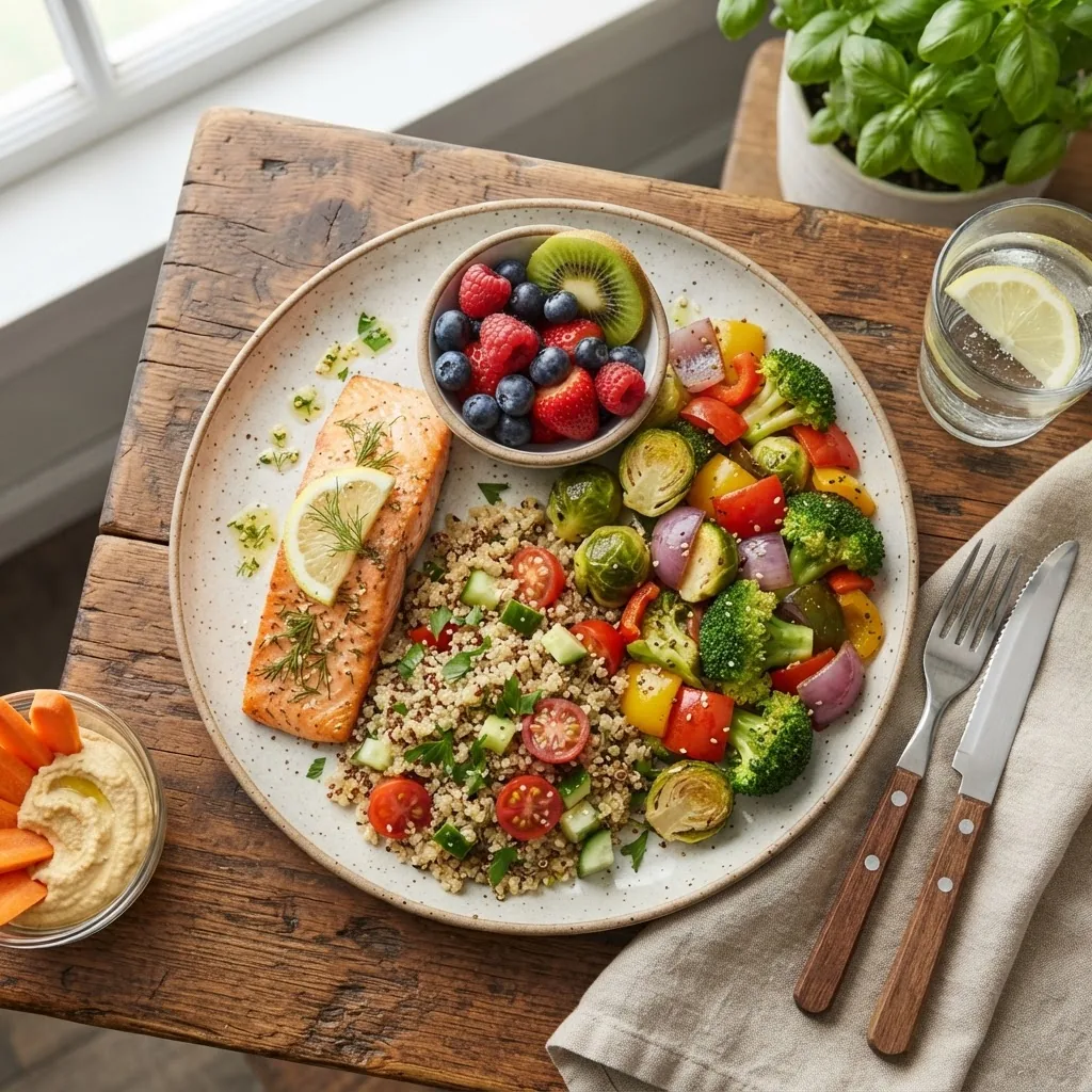 a balanced healthy meal plate including lean protein, vegetables, whole grains, and fruits, styled on a wooden table with natural lighting,