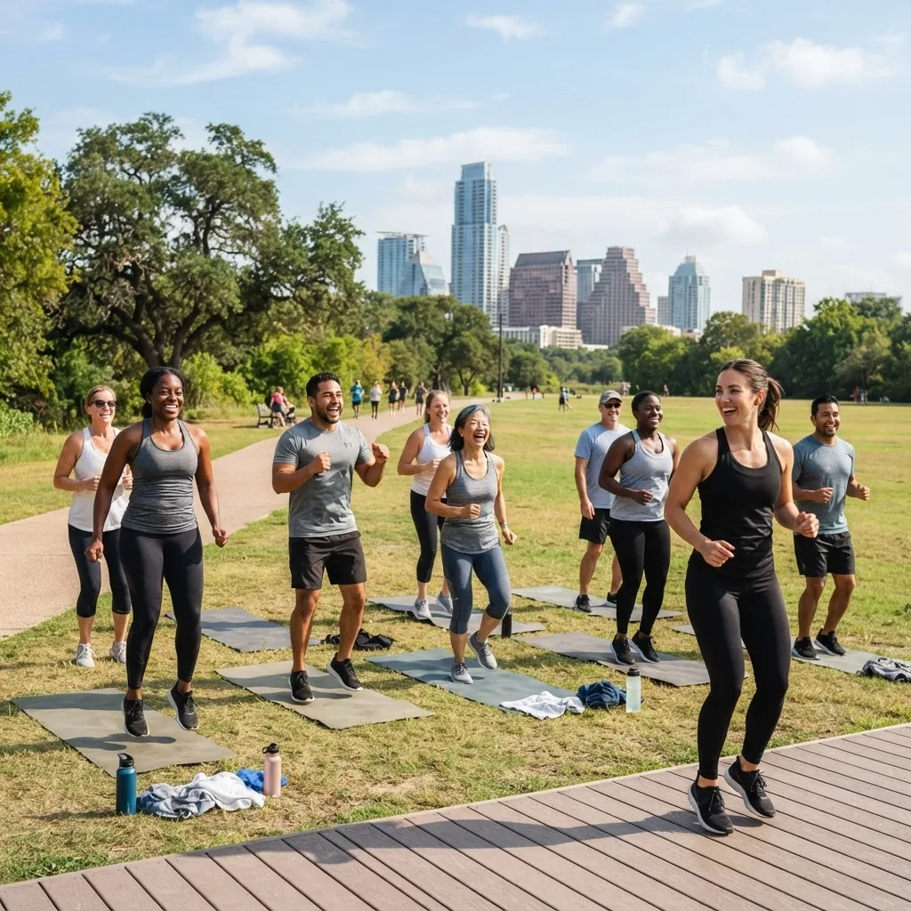 a diverse group of adults exercising outdoors in Texas, showing active and happy people in comfortable workout clothes under natural