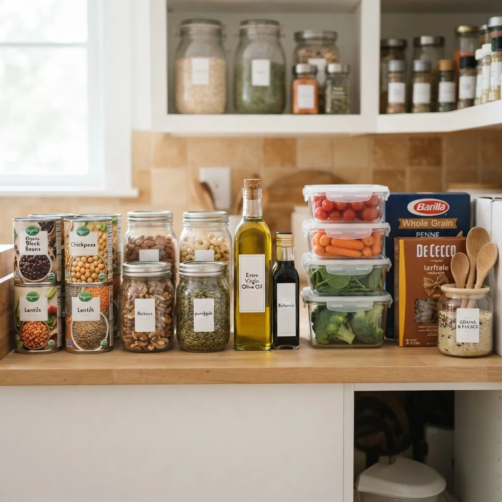 neatly arranged kitchen pantry shelf with visible healthy foods: cans of beans, jars of nuts, olive oil bottle, fresh vegetables in clear