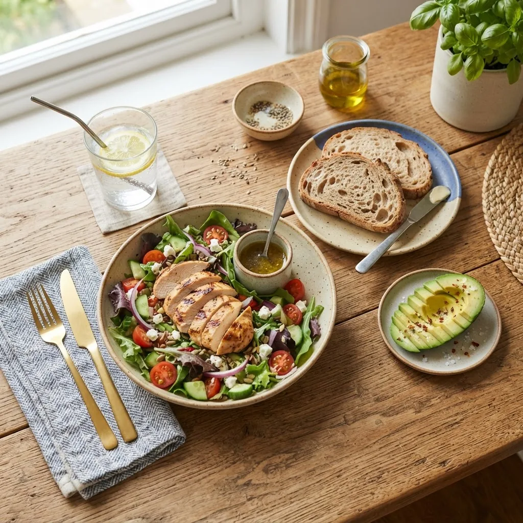 a colorful healthy lunch spread on a wooden kitchen table including a leafy green salad, grilled chicken slices, whole grain bread, avocado