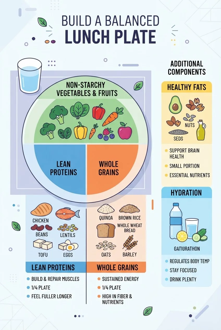 illustrates the components of a healthy lunch plate: balanced sections showing lean proteins, whole grains, vegetables/fruits, healthy
