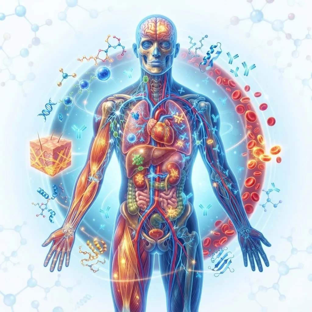 A vibrant human anatomical illustration highlighting key organs and systems where proteins function, including muscles, immune system,