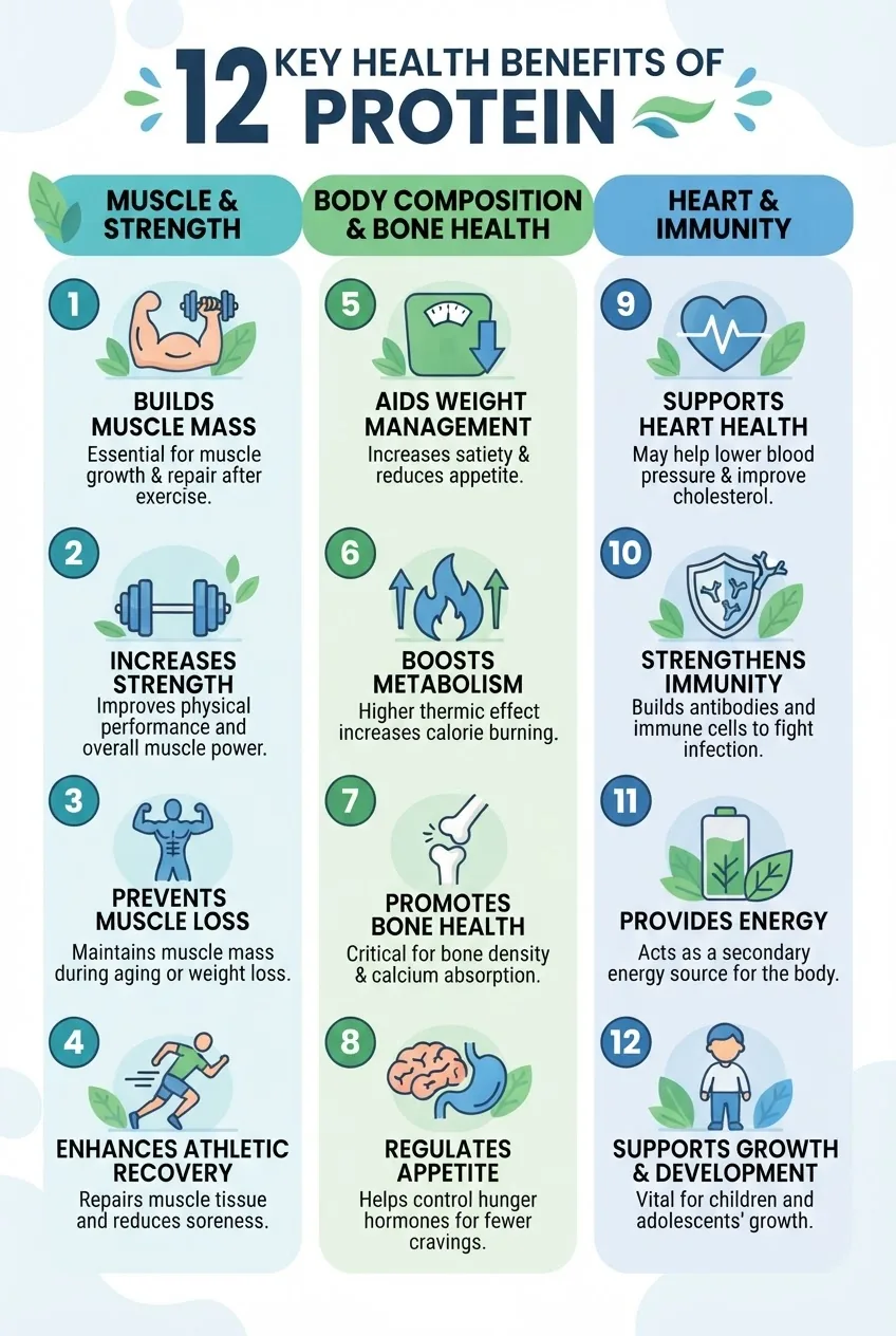 Infographic with three columns: each column shows 4 numbered health benefits of protein, accompanied by simple icons (muscle, bone, weight