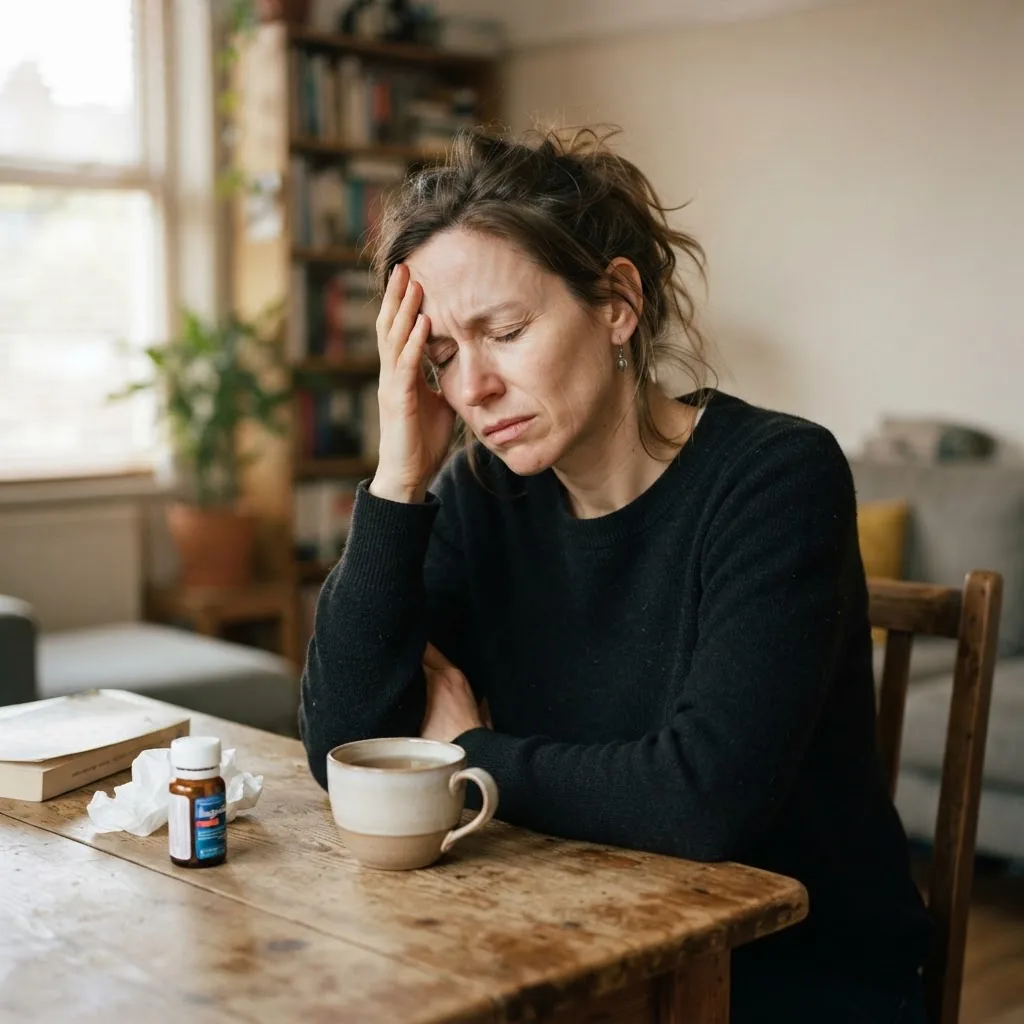Photo of an adult in a natural indoor setting looking tired and irritable with hand on forehead, natural light, relatable health symptom