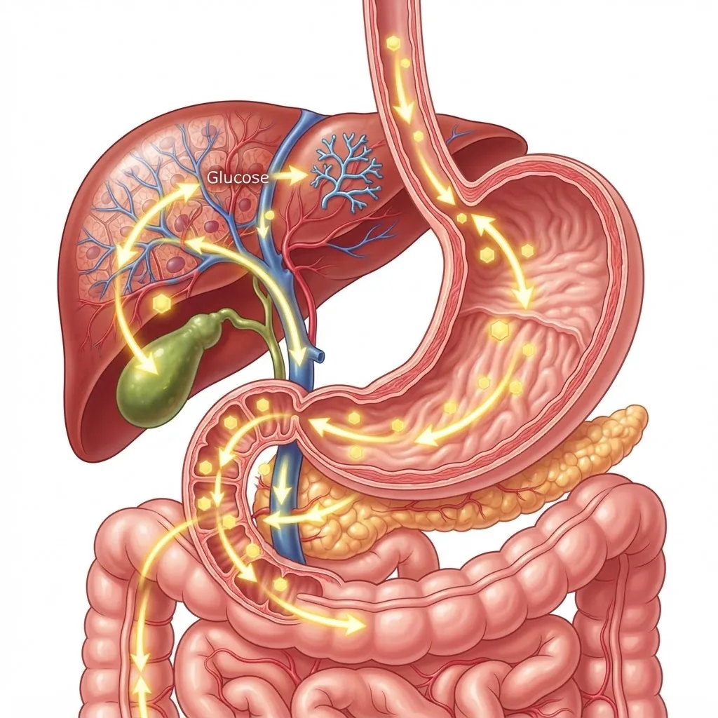 Close-up scientific illustration of the human digestive system focusing on the stomach and liver with glowing arrows showing sugar