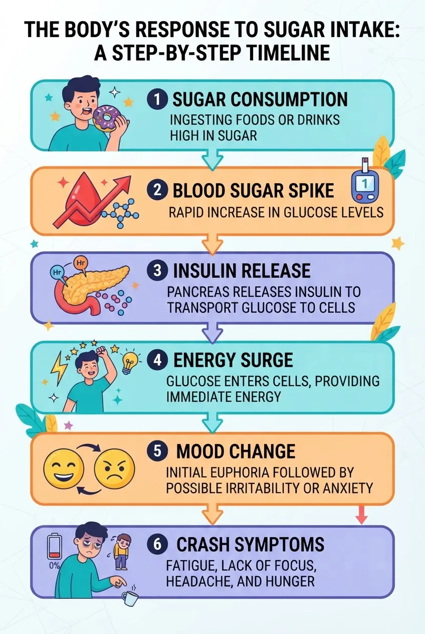 Infographic showing a stepwise timeline of sugar intake effects, starting with sugar consumption, then blood sugar spike, insulin release,