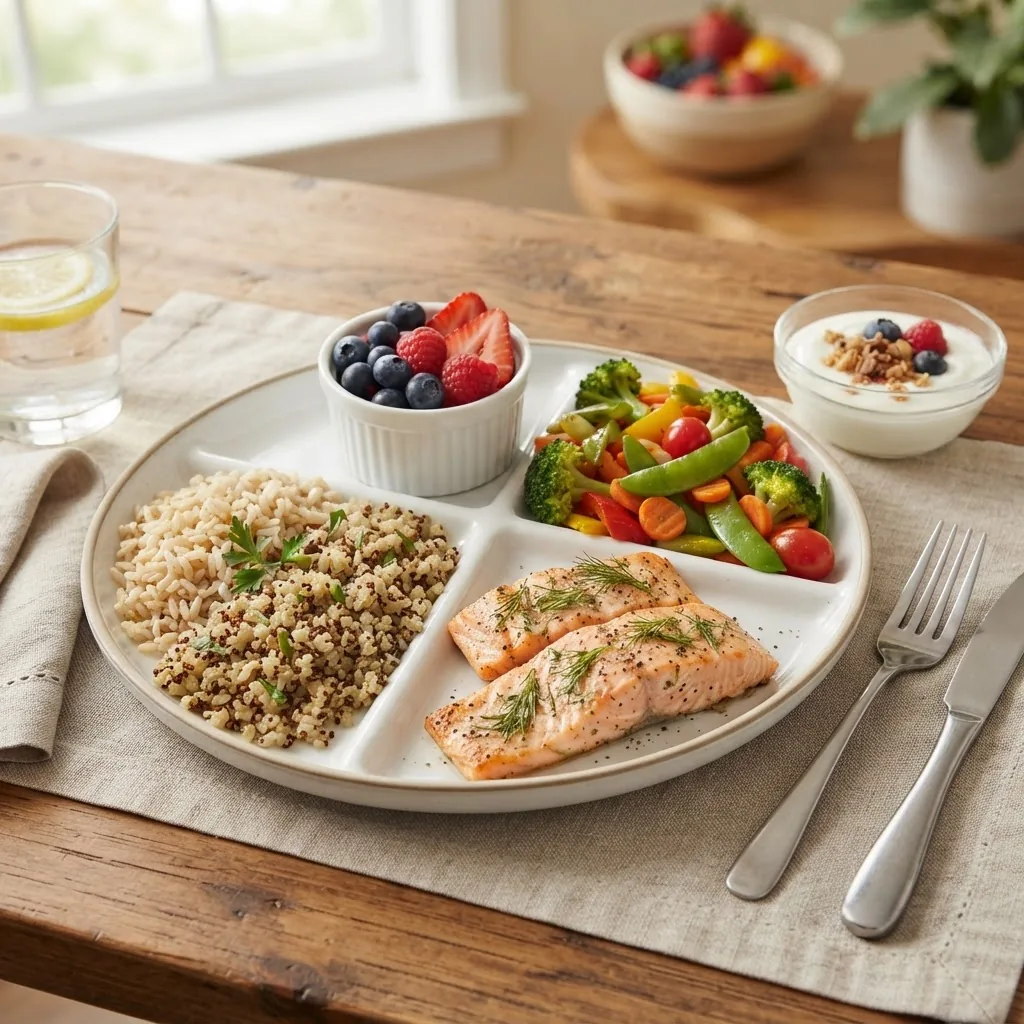 Photograph of a balanced MyPlate meal plate showing portions including rice, vegetables, protein, dairy and fruit on a rustic wooden dining