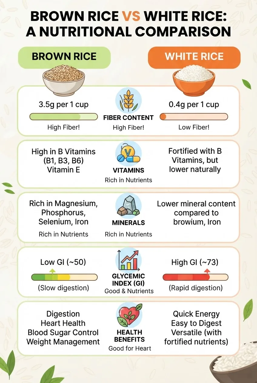 A clean infographic showing a side-by-side comparison of brown rice and white rice: columns featuring fiber content, vitamins, minerals,