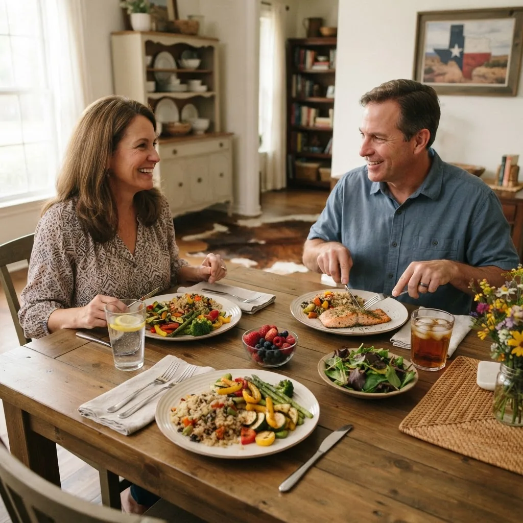 A cozy dining table scene in a typical Texas home with a balanced, colorful diabetic-friendly meal on plates, including grilled vegetables,