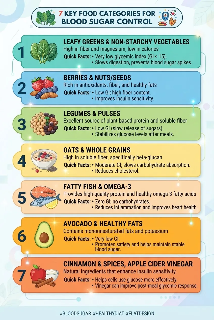 An infographic structured as a vertical list displaying 7 key food categories that lower blood sugar immediately, each with an icon, short