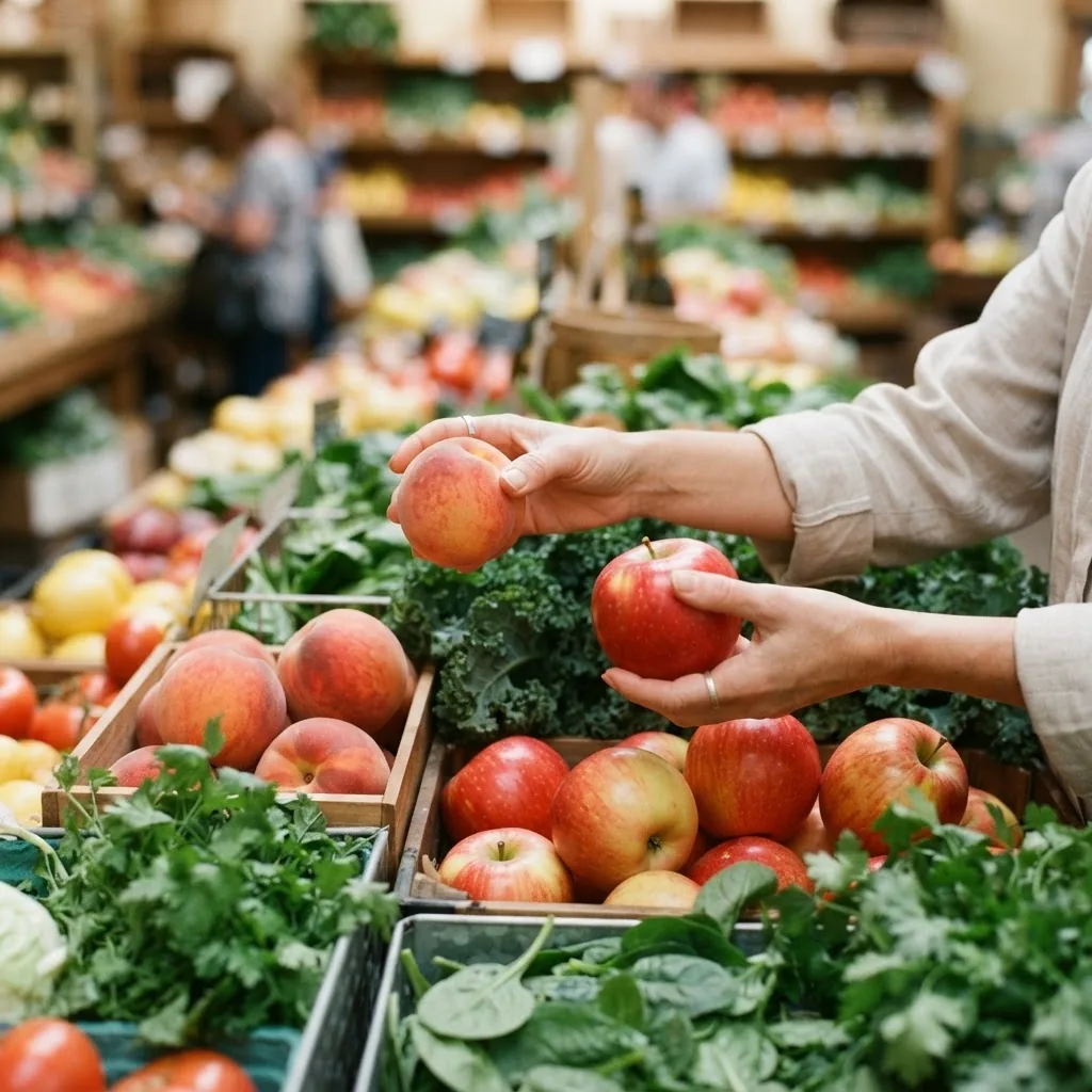 Close-up image of hands selecting ripe fruits and vegetables at a produce aisle, showing bright apples, peaches, and leafy greens with