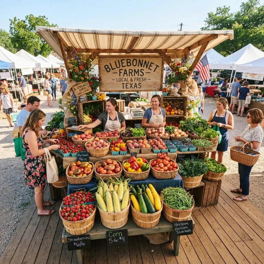 a Texas farmer’s market stall with baskets of fresh seasonal fruits and vegetables—strawberries, corn, zucchini, green beans—under clear
