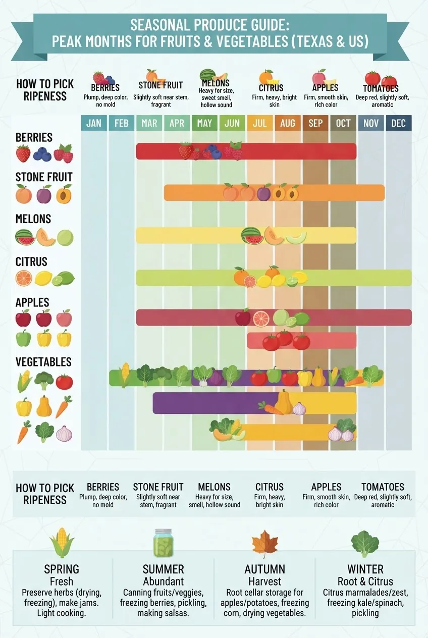 displays a 12-month calendar with color-coded bars showing peak months for common fruits and vegetables in Texas and the broader U.S.,