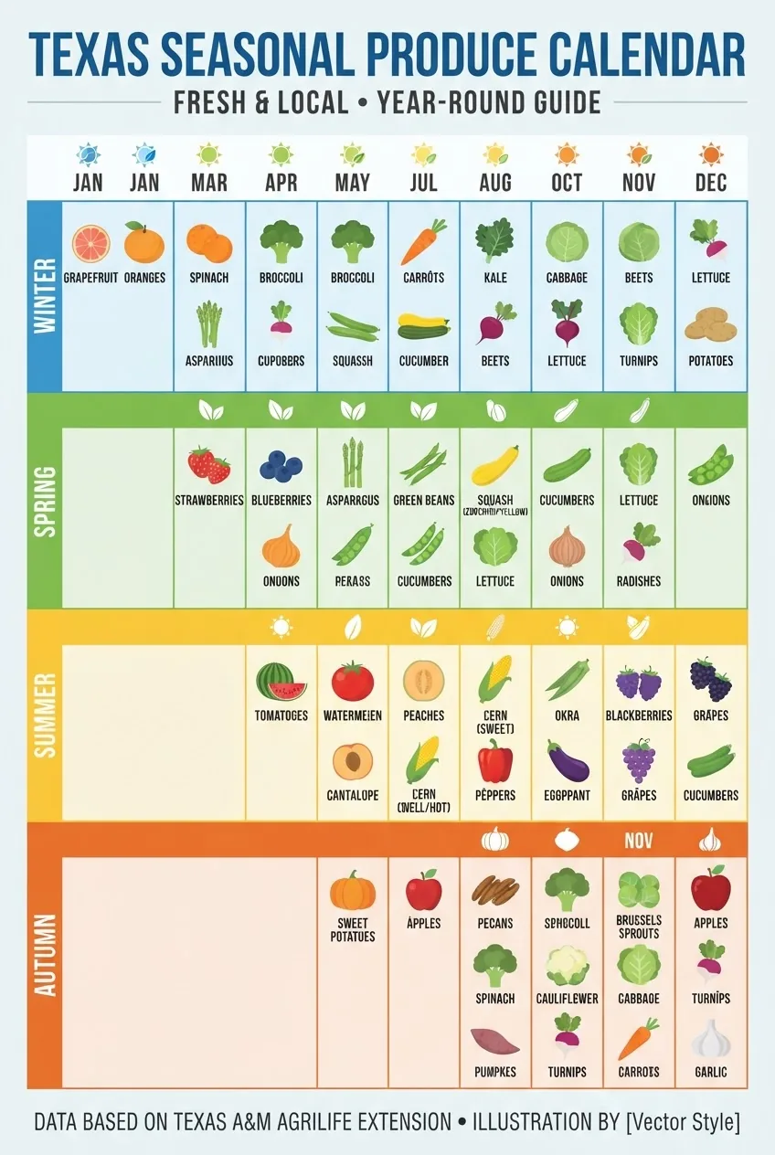 An infographic calendar displaying months January to December across the top, rows for four seasons, and columns listing key fruits and
