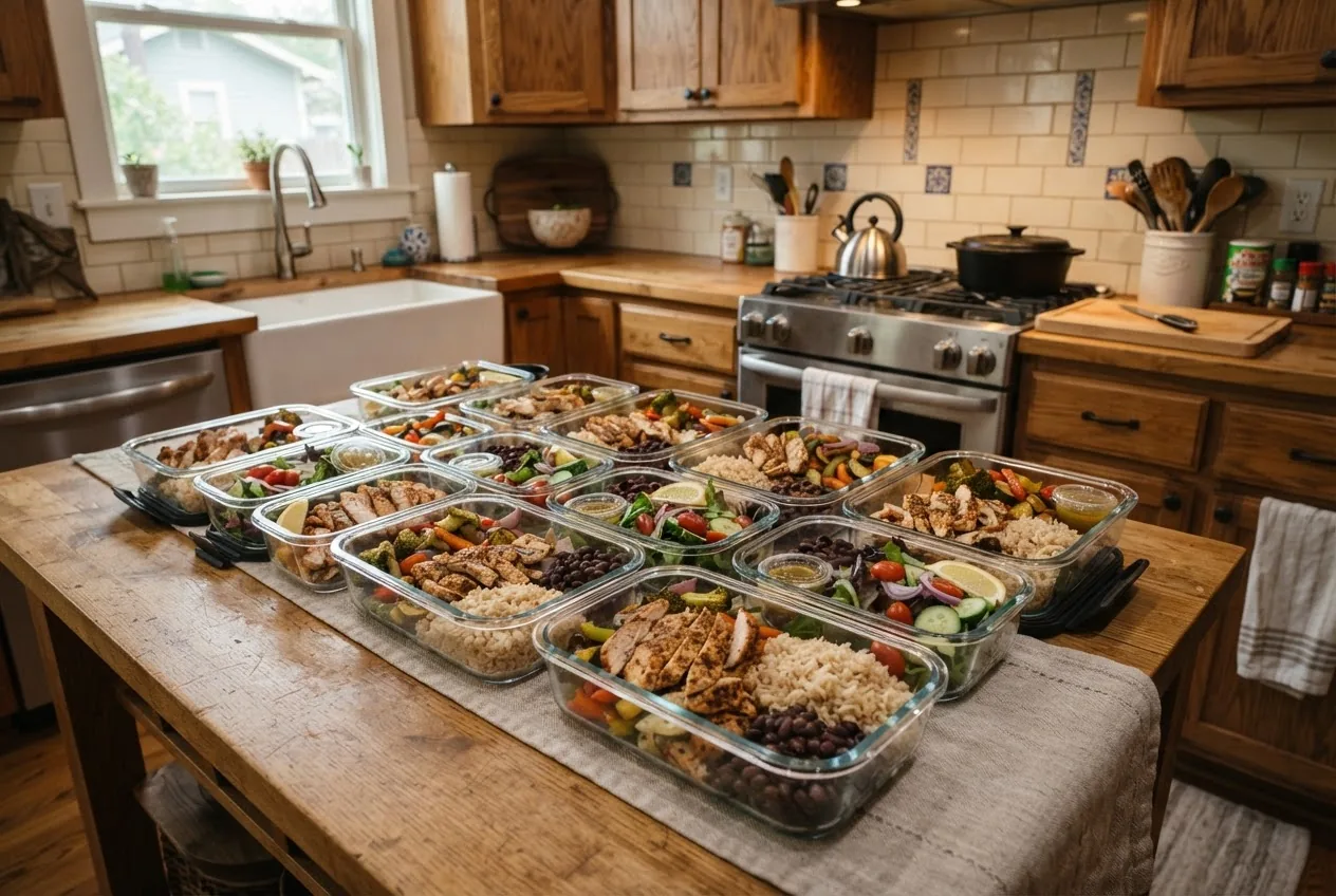 a week of clean-eating meal-prep containers on a kitchen counter, showing roasted vegetables, brown rice, grilled chicken, black beans, and