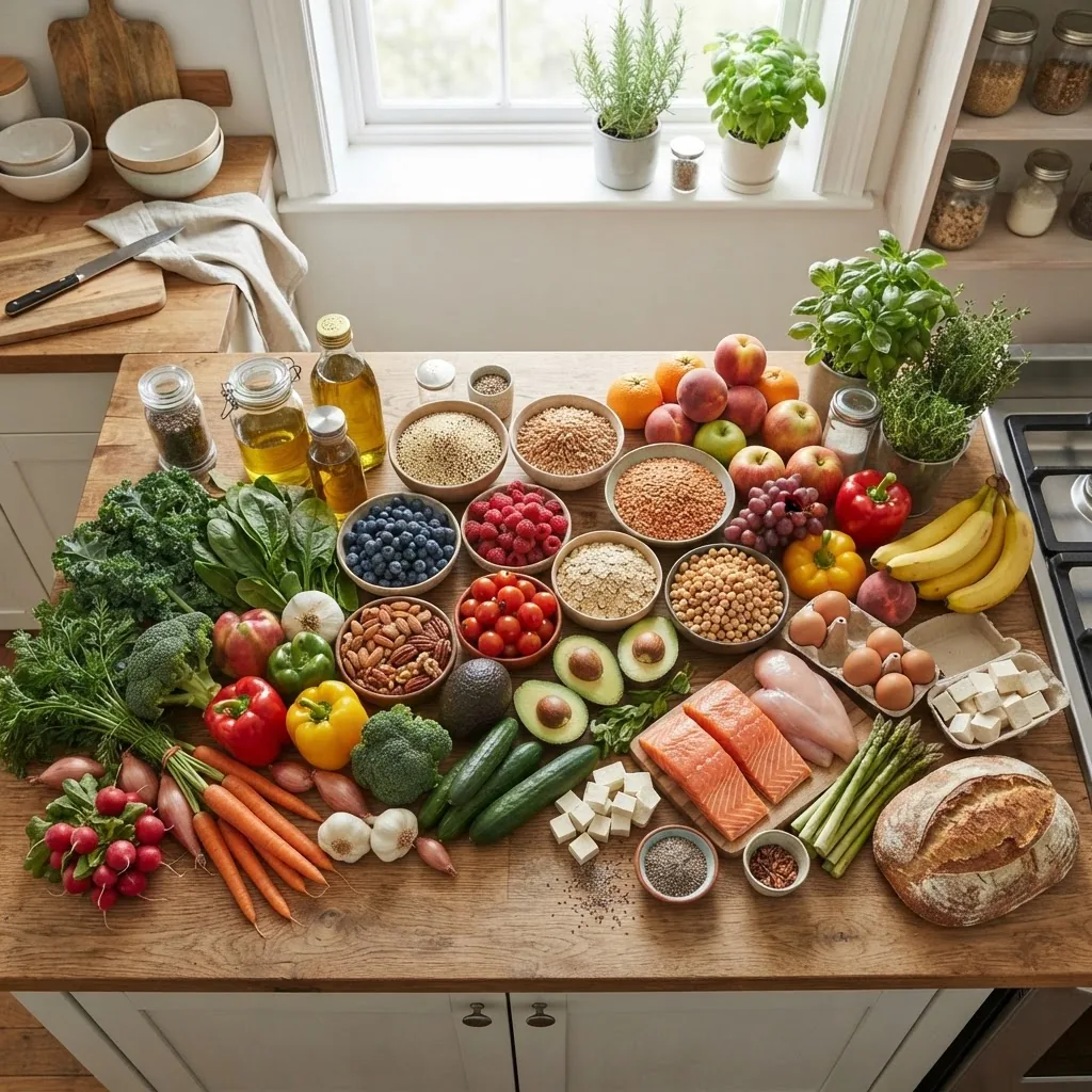 bright, inviting kitchen setting with a diverse array of fresh fruits, vegetables, whole grains, nuts, and lean proteins artfully arranged