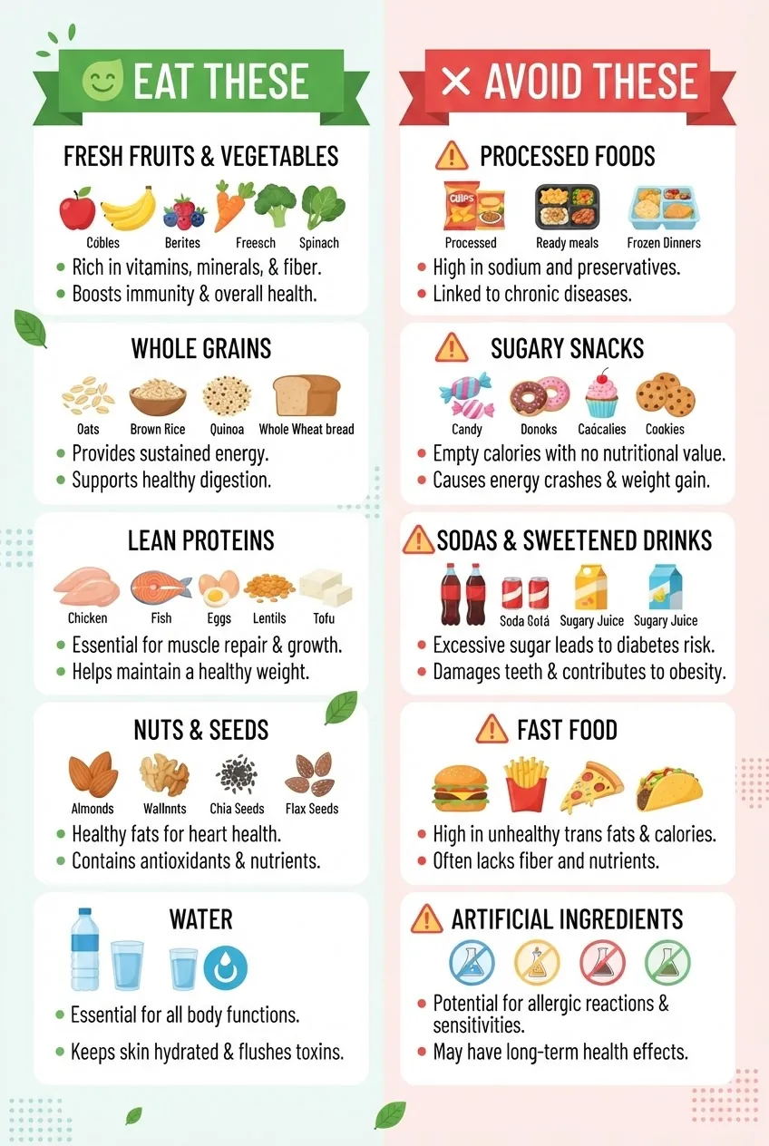 contrasting “Eat These” on the left with icons and photos of fresh fruits, vegetables, whole grains, lean proteins, nuts, and water, and