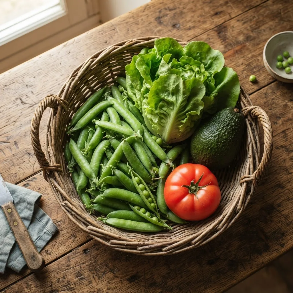 a basket containing peas in pods, lettuce head, avocado, and a tomato on a rustic wooden table with warm, natural light showing texture and