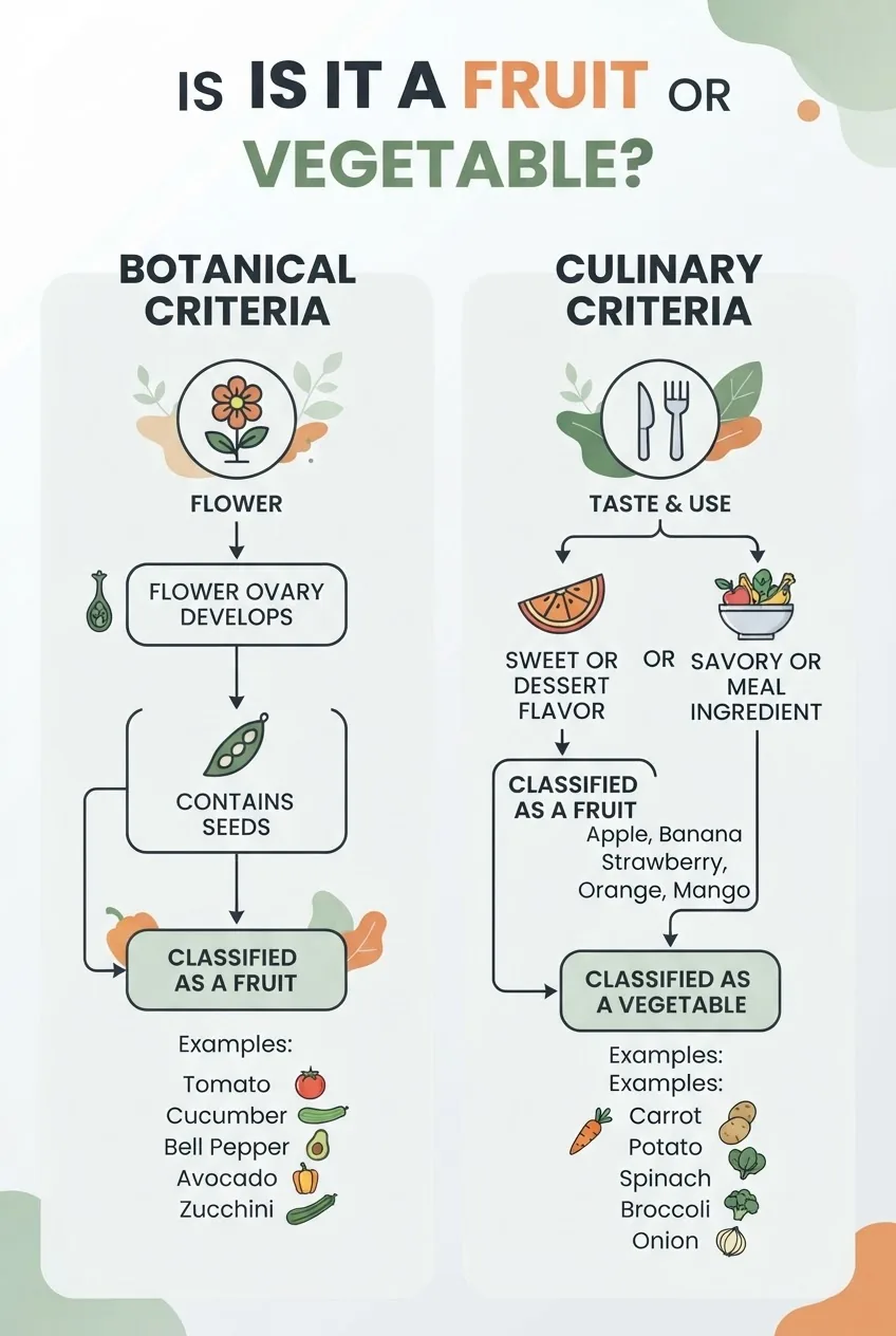 clearly shows a flowchart titled "Is it a Fruit or Vegetable?" with two columns: Botanical Criteria (flower ovary -> seeds -> fruit) and