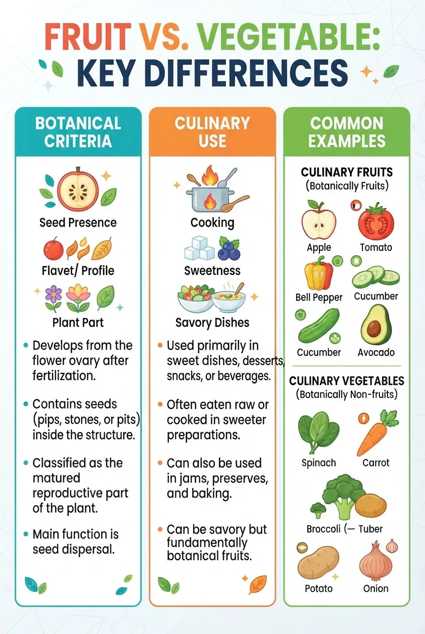 A clear, visually appealing infographic divided into three columns — Botanical Criteria, Culinary Use, and Common Examples — each with