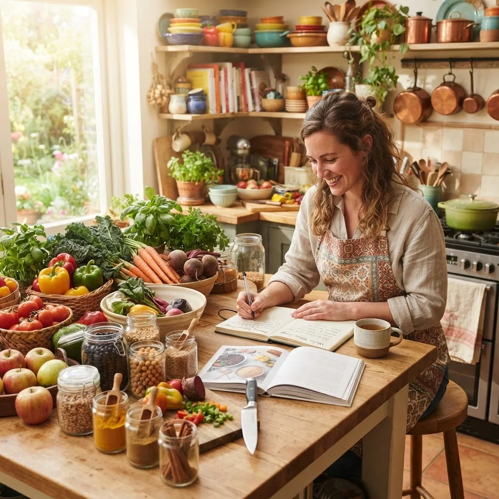 colorful kitchen scene showing a person planning meals with a variety of seasonal fresh produce, beans, grains, and spices spread out on