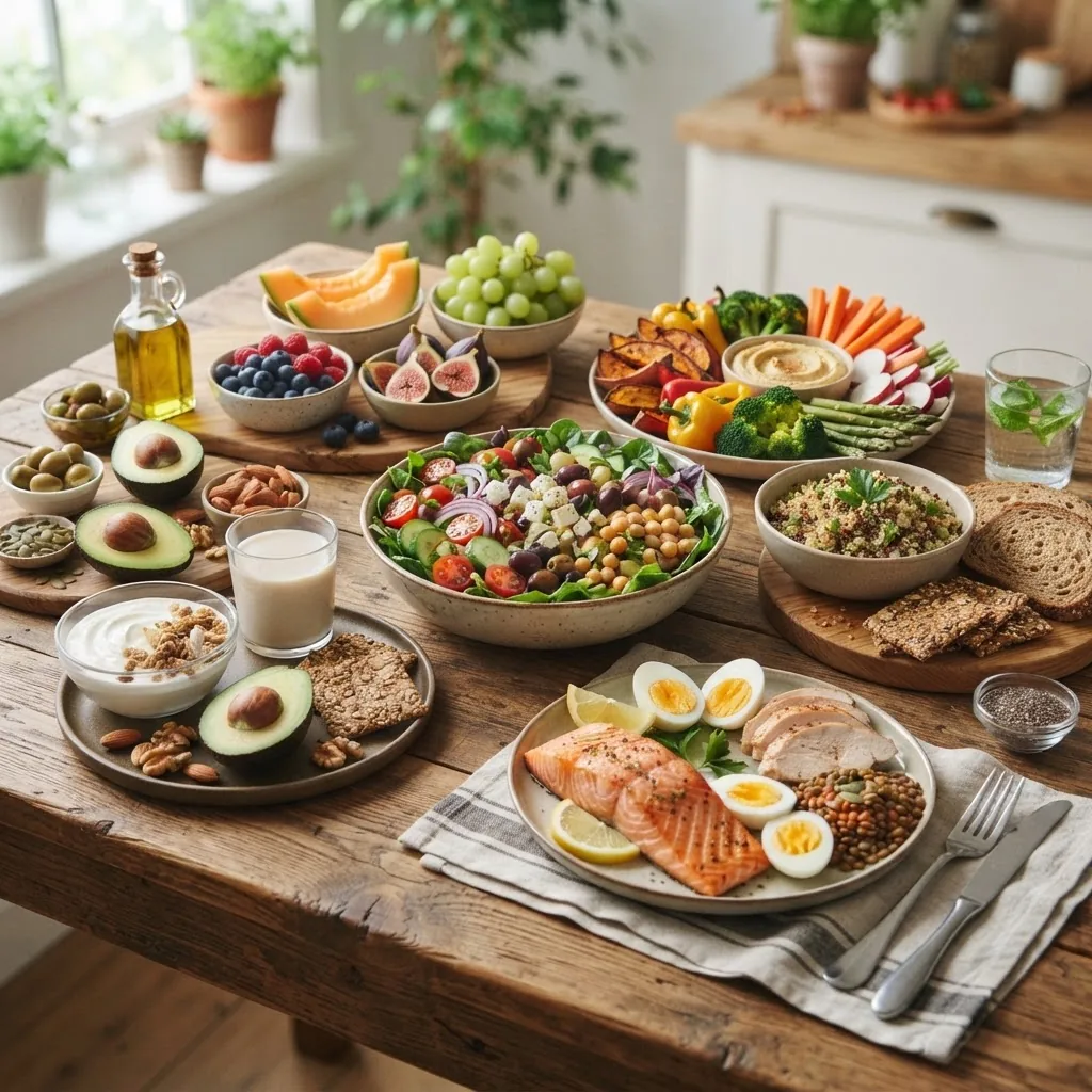 a vibrant, close-up photo of a diverse spread of healthy foods representing all core food groups (fruits, vegetables, whole grains, lean