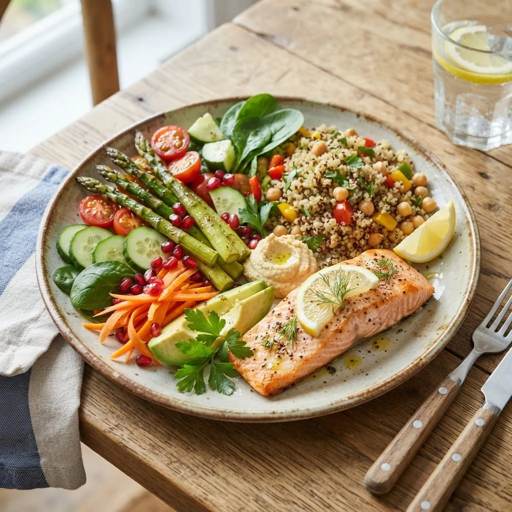 A bright, clear, close-up photo of a balanced meal plate with diverse colorful fruits, vegetables, grains, and proteins on a simple wooden