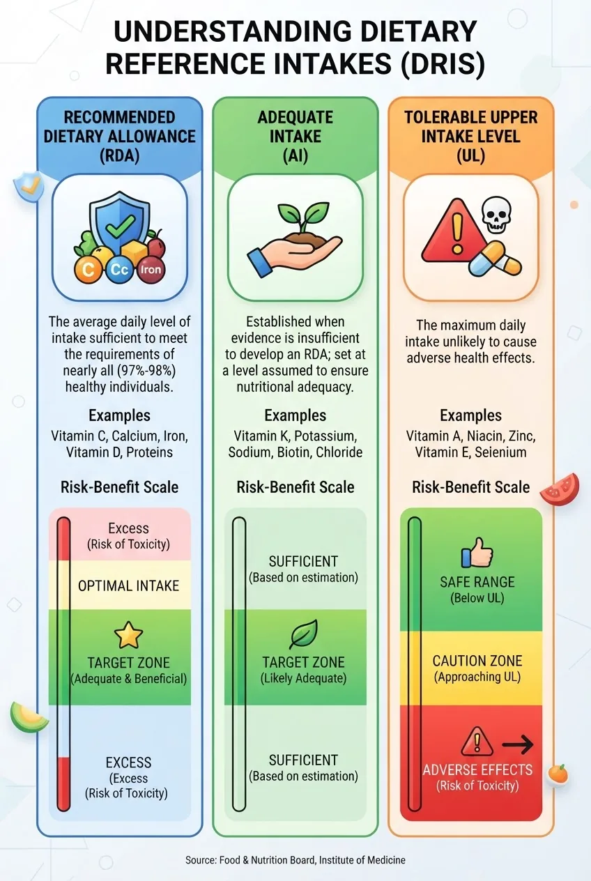 A clean, easy-to-read infographic with three vertical columns labeled Recommended Dietary Allowance (RDA), Adequate Intake (AI), and